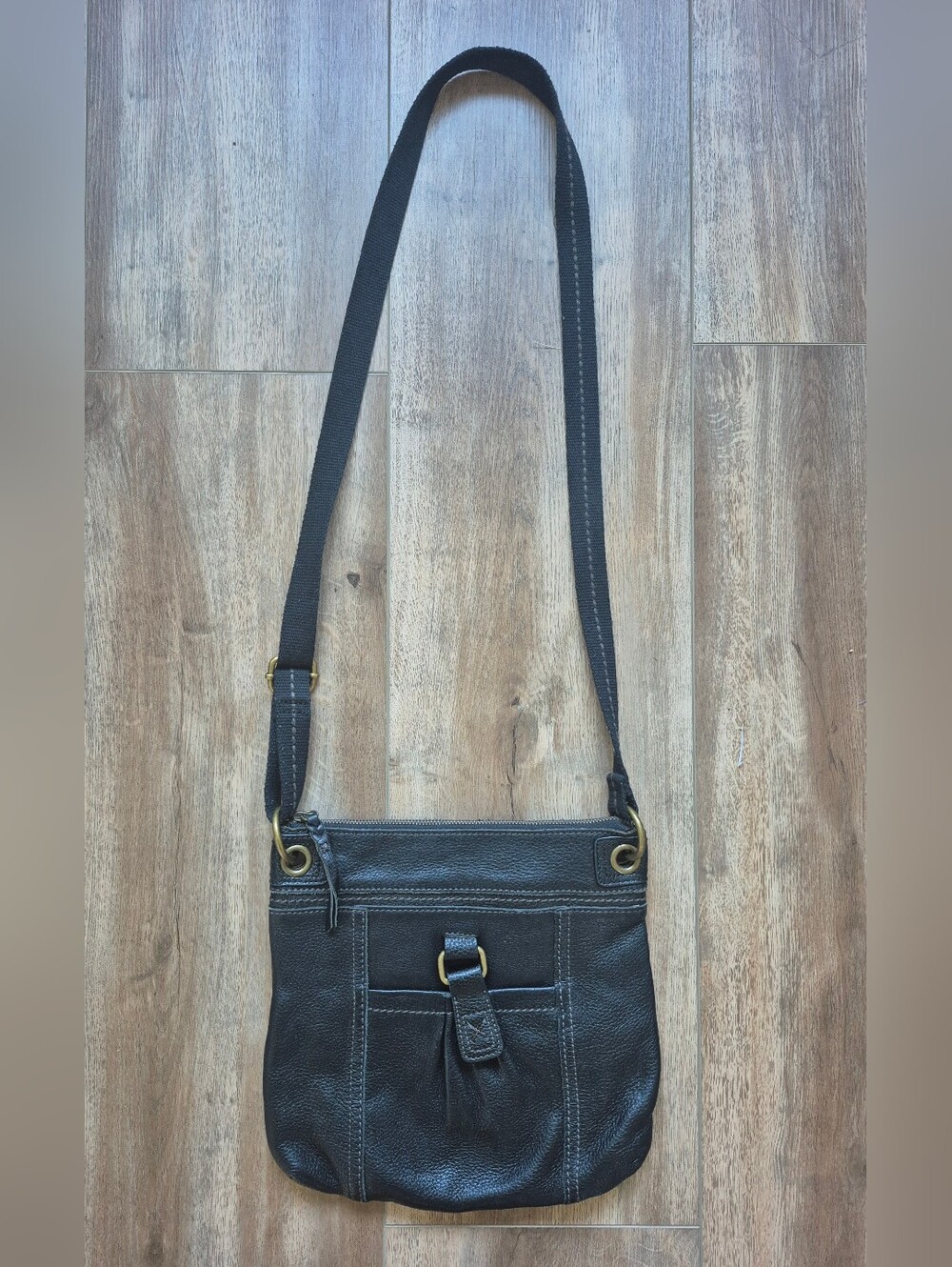 The Sak Black Pebbled Leather Kendra Crossbody Bag with Brass Accents